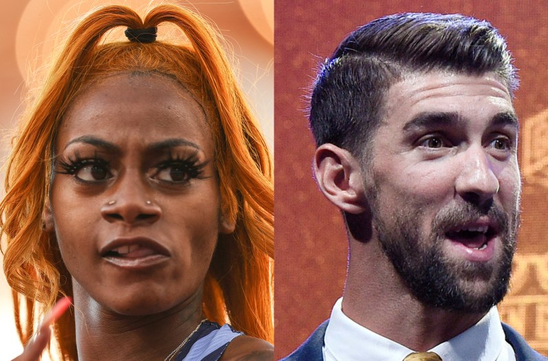 Sha'Carri Richardson on the left, Michael Phelps in a separate photo on the right.