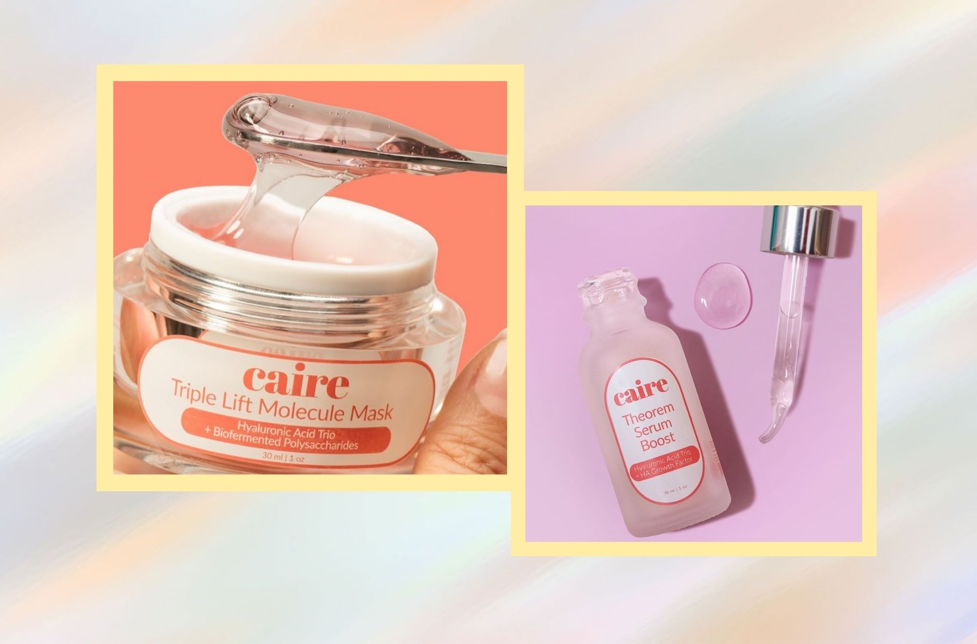 Photos of Caire Beauty products on a multicolored background