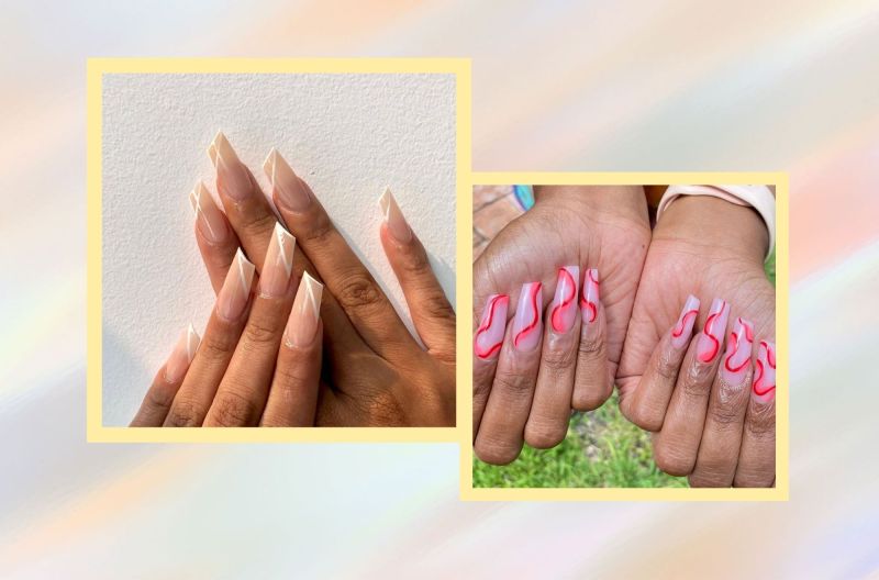 Side by side image of lipstick nails.