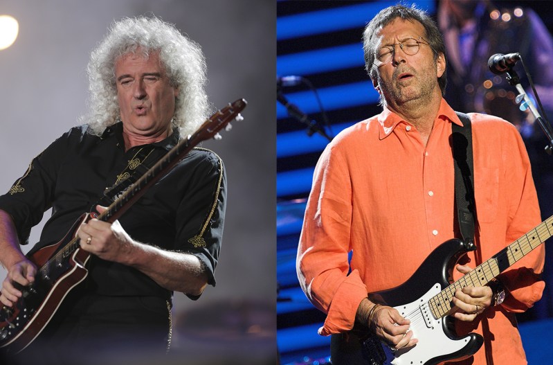 Side-by-side photos. Brian May playing guitar on the left, Eric Clapton playing guitar on the right.