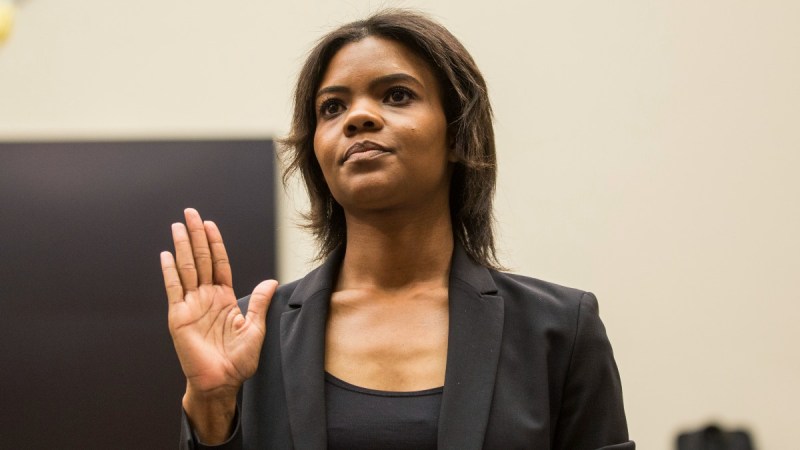 Candace Owens wears a black blazer and top as she's sworn in to give congressional testimony