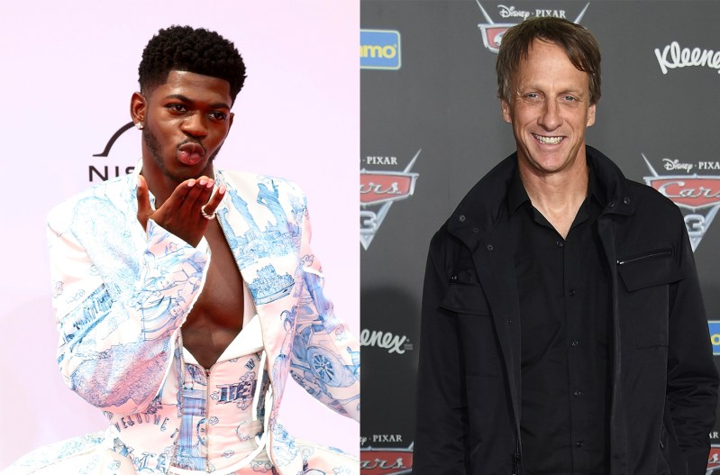 Side-by-side photos. Lil Nas X blowing a kiss in a dress on the left, Tony Hawk in all black on the right.