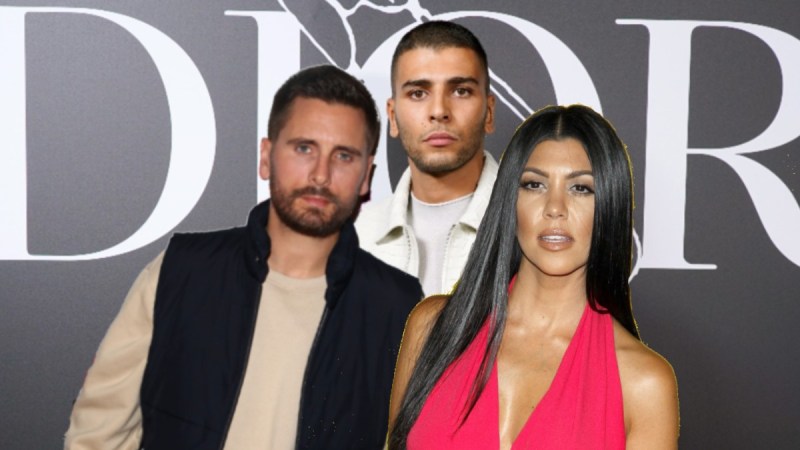 A photo of Scott Disick wearing a beige shirt and black vest, and Kourtney Kardashian in a pink dress, layered over a photo of Younes Bendjima, in a white jacket, before a gray background