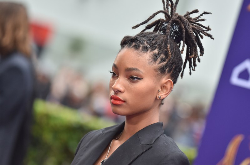 Close up of Willow Smith her her dreadlock up in a pony tail.