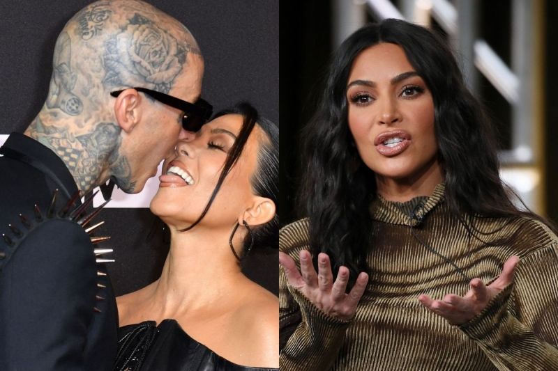side by side photos of Kourtney Kardashian and Travis Barker kissing and Kim Kardashian