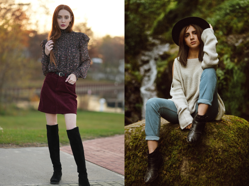 Side by side images of women wearing fashionable boots.