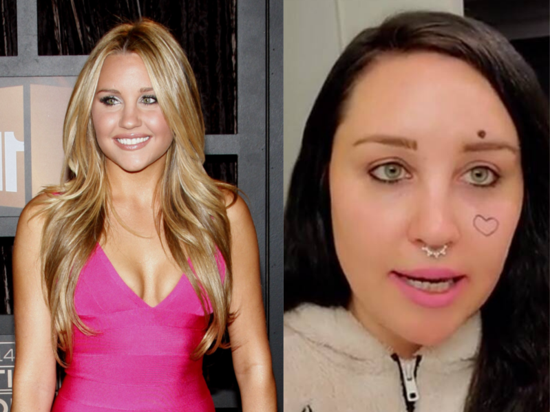 A side by side comparison of Amanda Bynes from twenty years ago to 2021