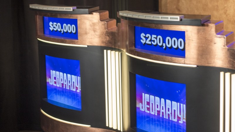 Two Jeopardy! podiums stand empty on the set of the popular game show