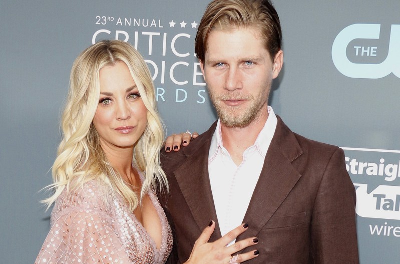 Kaley Cuoco on left, standing with Karl Cook