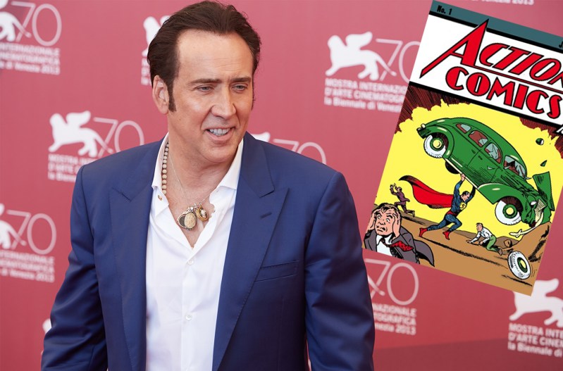 Nicolas Cage, smiling, with a embedded image of Action Comics 1