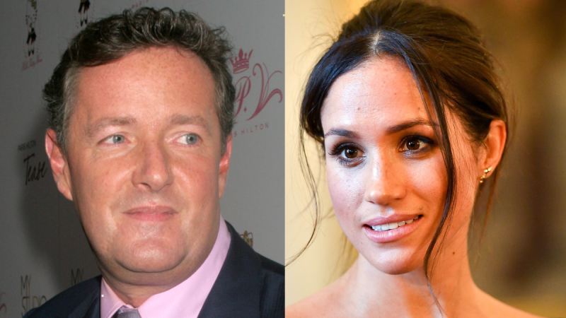Piers Morgan (left) wears a black suit on the red carpet. Separate photo of Meghan Markle visiting Cardiff Castle