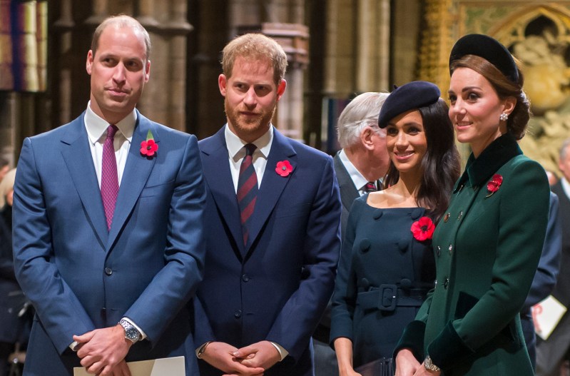 From left to right, Prince William, Prince Harry, Meghan Markle, Kate Middleton, together at a church service