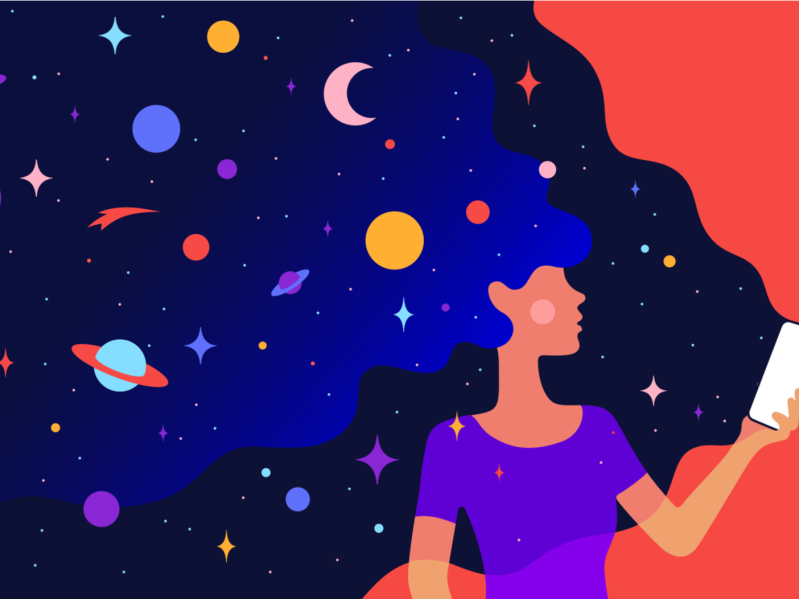 A woman looks at her phone while her dreams float into the air