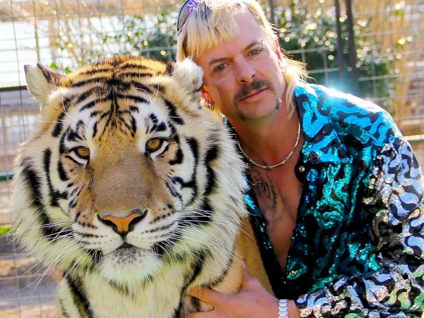 Joe exotic poses next to a tiger wearing a sequined leopard spotted jacket