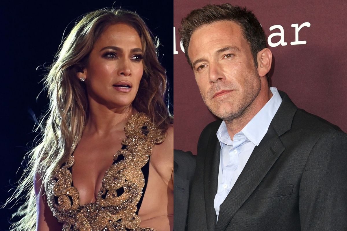 side by side photos of Jennifer Lopez in a gold dress and Ben Affleck in a suit