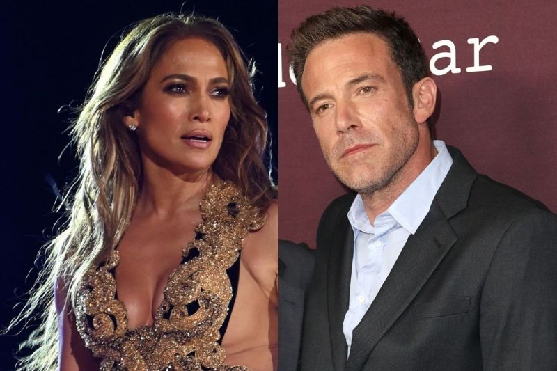 side by side photos of Jennifer Lopez in a gold dress and Ben Affleck in a suit