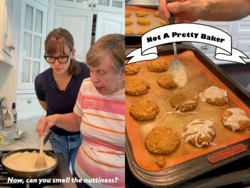 Side by side images of Jennifer Garner browning butter with her mom Pat and her drizzling glaze on pumpkin cookies.