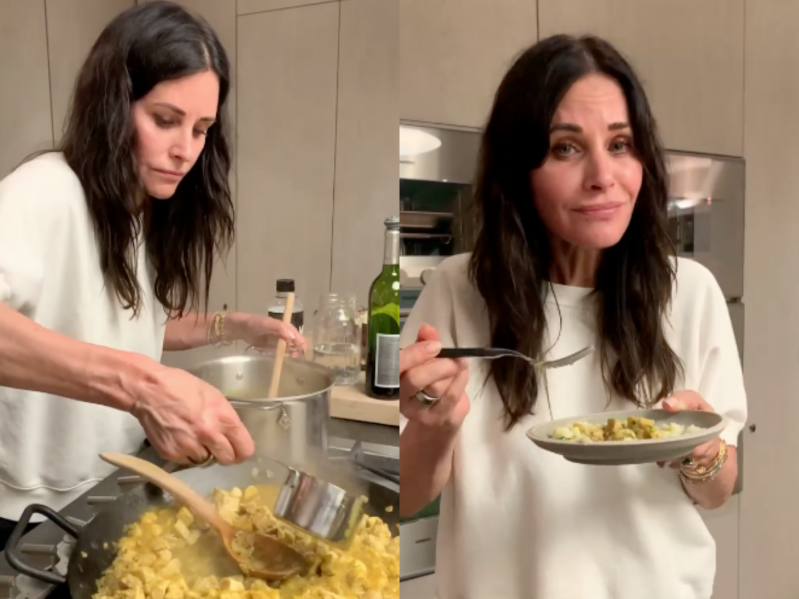 Side by side images of Courteney Cox making her chicken curry and her enjoying the final dish.