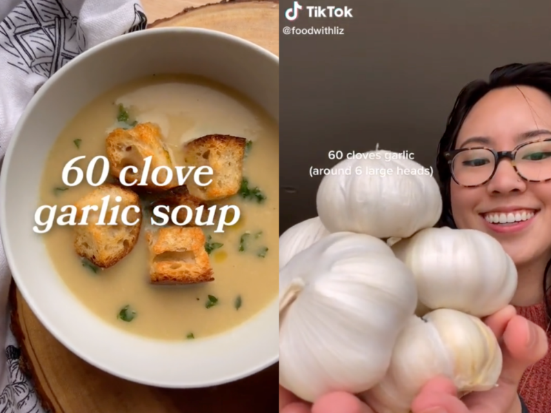 Side by side image of the finished 60 clove garlic soup and TikTok user @foodwithliz holding 60 cloves of garlic.