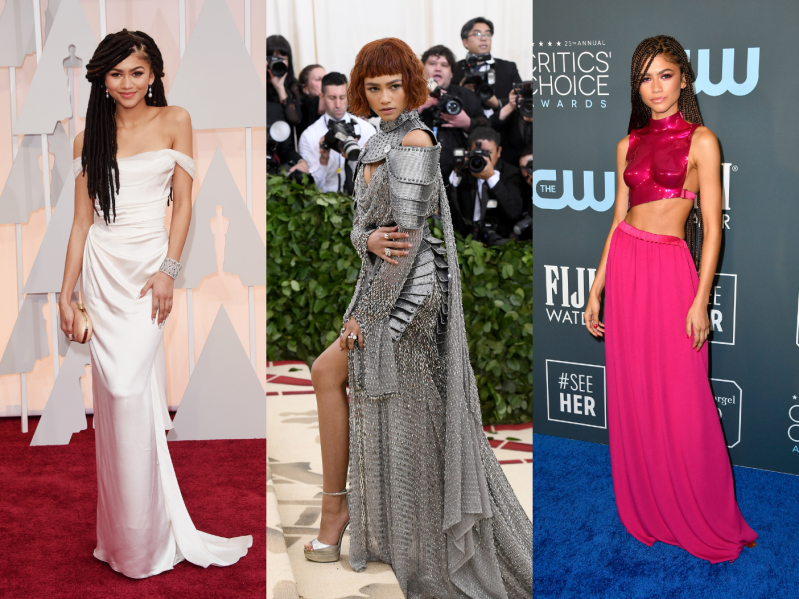 Side by side images of Zendaya's various red carpet looks.