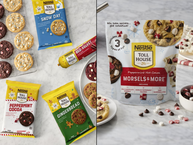 Nestlé Toll House holiday cookie dough flavors 2021 and their peppermint hot cocoa morsel & more mix