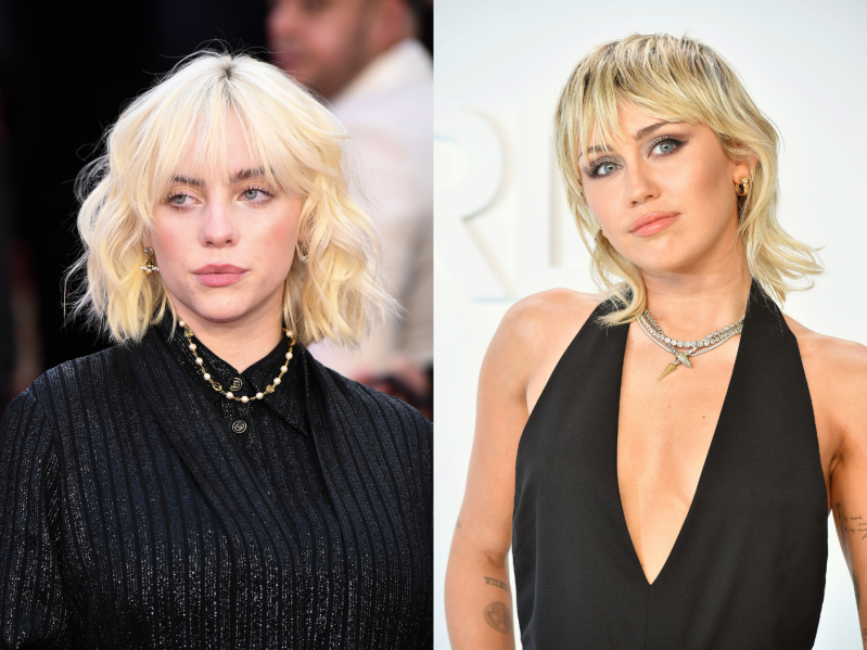 Side by side images of Billie Eilish and Miley Cyrus with wolf cuts.
