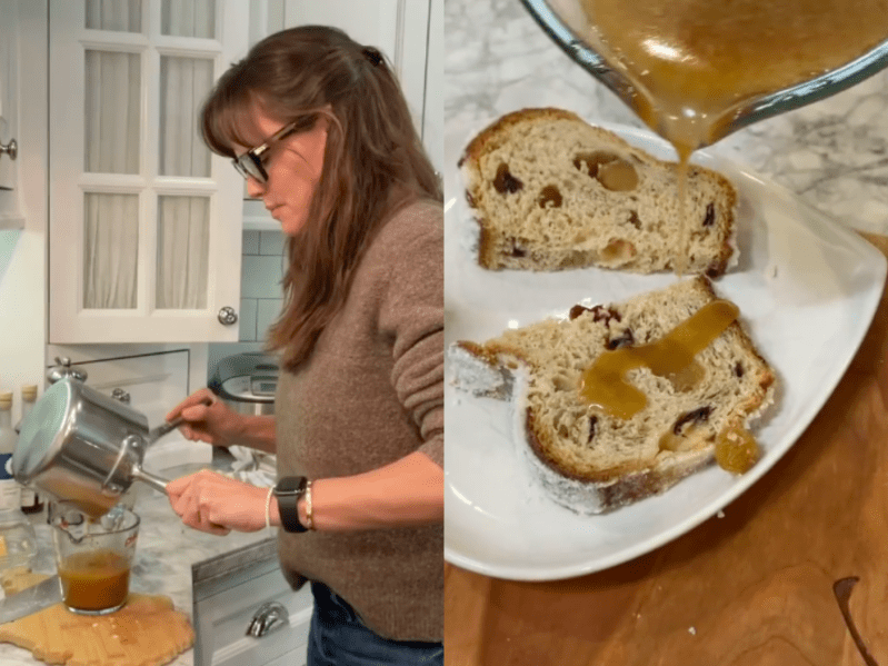 Side by side images of Jennifer Garner making her maple butter and her pouring it over sweet bread.