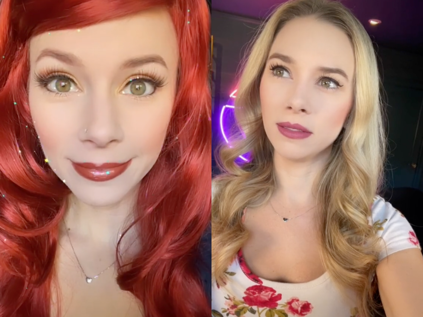 Side by side images of Sarah Daniels in her Ariel makeup and her in a TikTok video