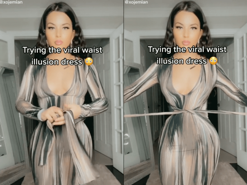 A TikTok user showcasing a dress that appears to shed inches off your waist in seconds.