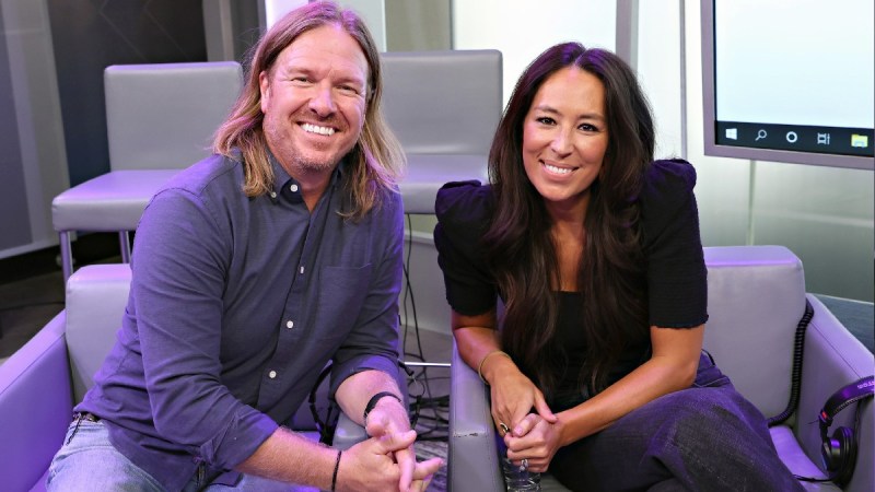 Chip and Joanna Gaines sit together during a Sirius XM radio interview