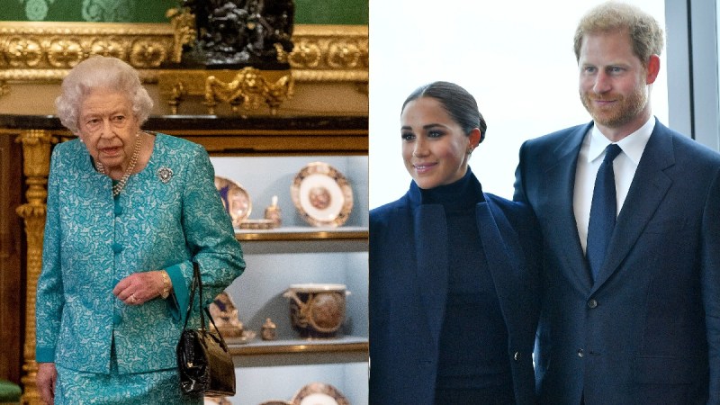 A photo on the left depicts Queen Elizabeth wearing a matching teal blouse and skirt. On the right, a photo shows Meghan Markle and Prince Harry, both in dark blue, posing in New York