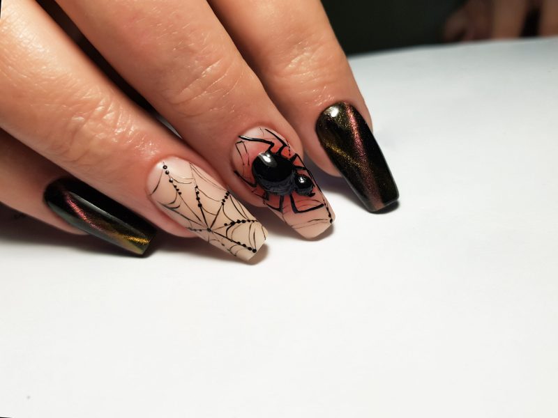 Image of coffin shaped nails with halloween designs