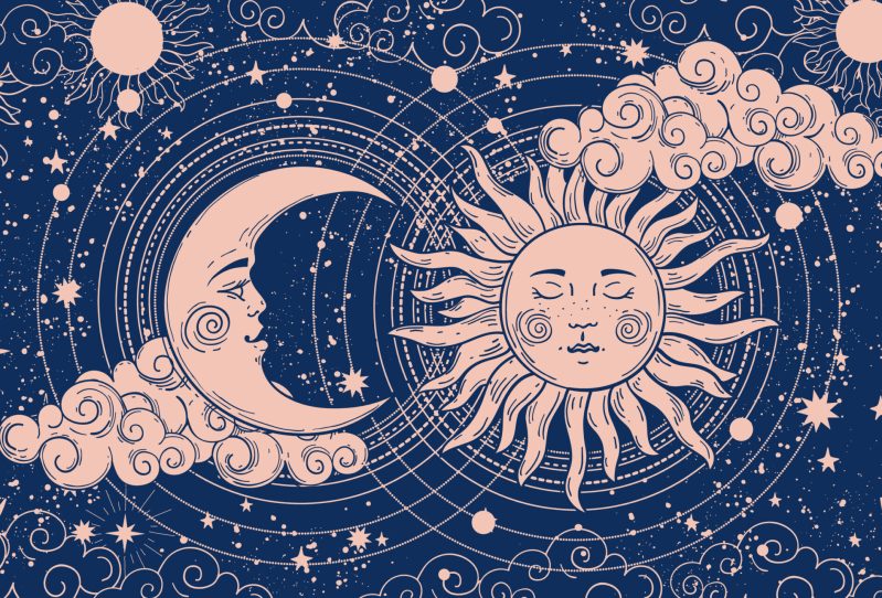 Magic banner for astrology, divination, magic. The device of the universe, crescent moon and sun with moon on a blue background.
