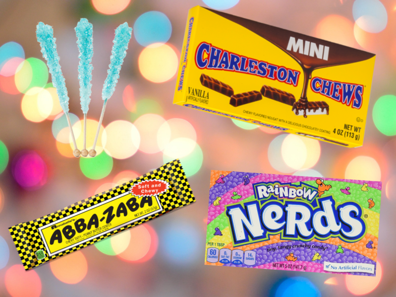 A collage of candy from different decades including rock candy, Charleston Chew, Abba-Zabba, and Nerds