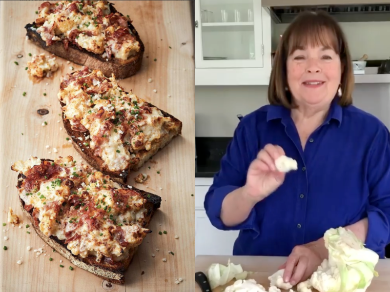 Side by side images of ina garten's cauliflower toast and Garten chopping cauliflower.