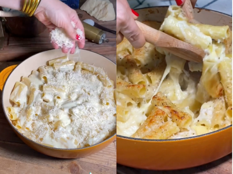 Side by side images of the mac and cheese being made and the final result.