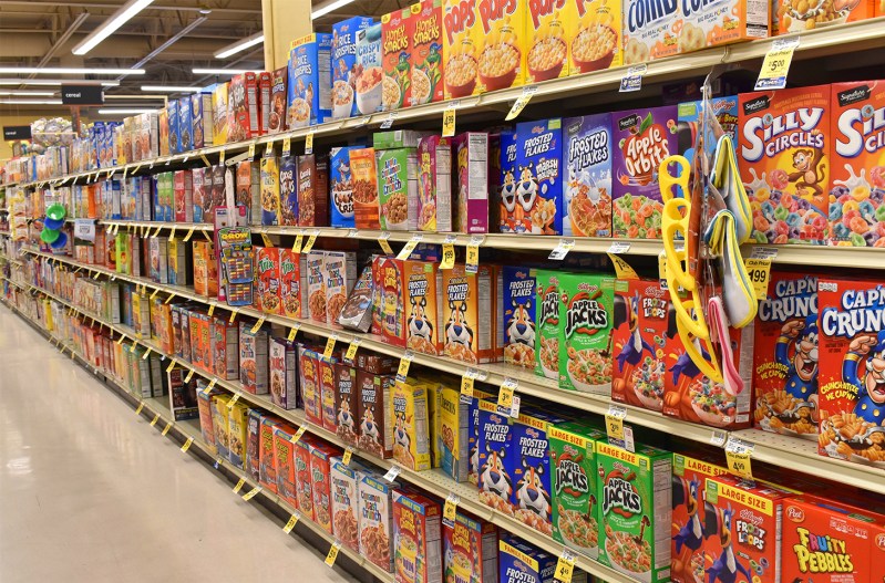 The cereal aisle of a supermarket