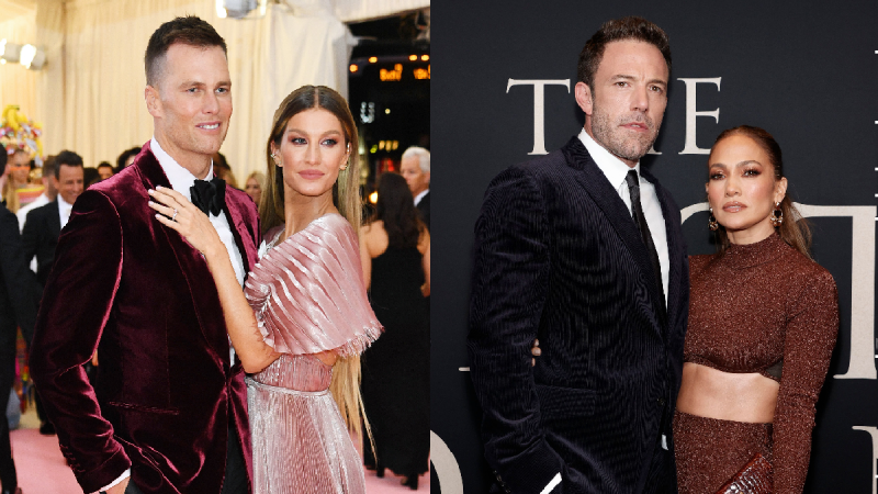 Two photos featuring Tom Brady and Gisele Bundchen (left) and Ben Affleck and Jennifer Lopez (right)