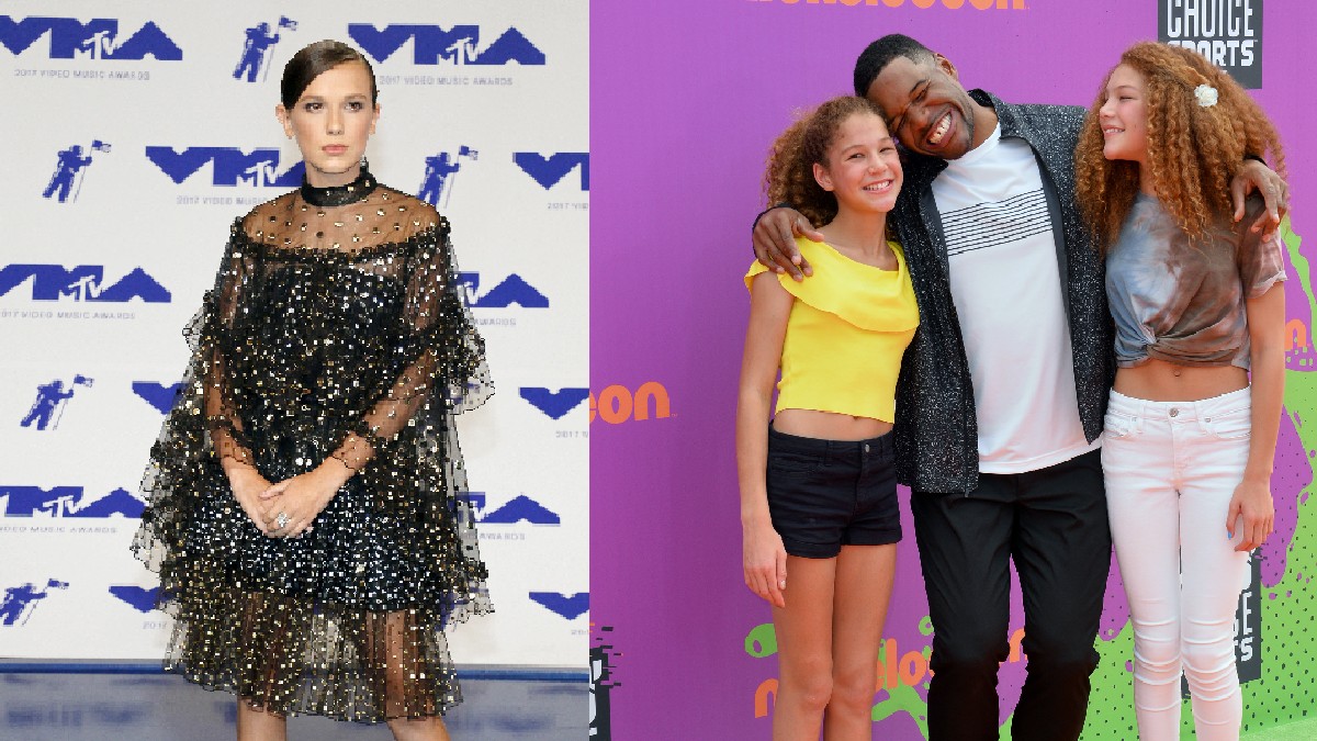 Two photos featuring Millie Bobby Brown (left) wearing a black dress and Michael Strahan (right) standing with daughters Sophie and Isabella