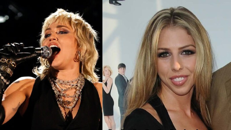 Miley Cyrus (left) wears black and sings onstage. Hannah Selleck (right) wears a black blouse on the red carpet
