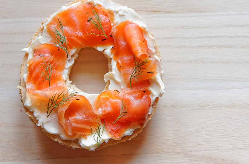 A bagel with cream cheese and lox