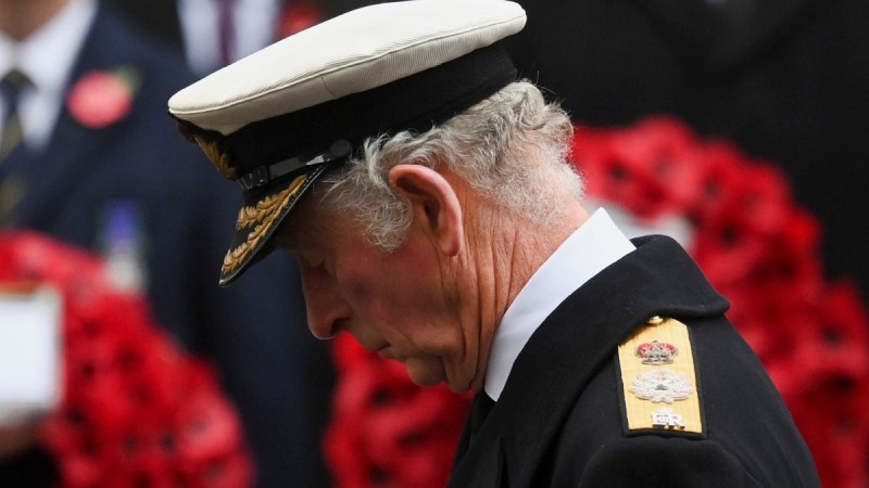 Prince Charles wears a military dress uniform during Remembrance Day