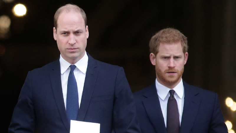 Prince William and Prince Harry wear dark suits while exiting a memorial service