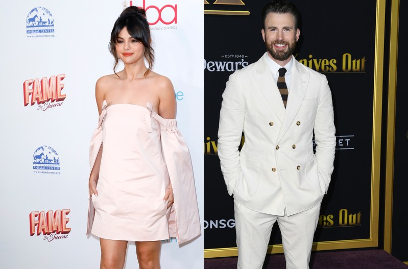 Side by side photos. Selena Gomez on the left in all white, Chris Evans on the right in a white suit