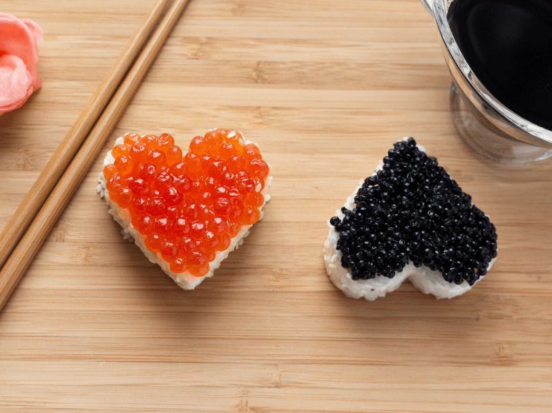 Sushi roe in the shape of hearts