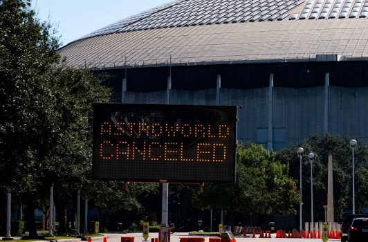 A electronic sign announcing Astroworld is canceled, in front of the Astrodome in Houston