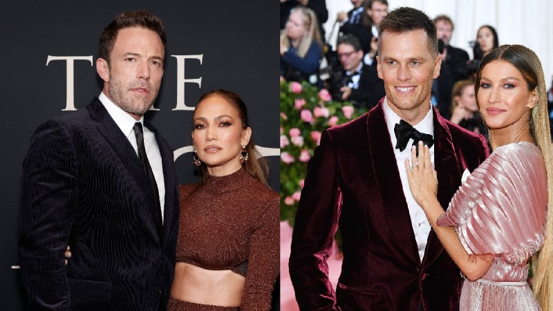 Two photos with one (left) showing Ben Affleck and Jennifer Lopez on the red carpet. On the right, Tom Brady and Gisele Bundchen pose at the Met Gala