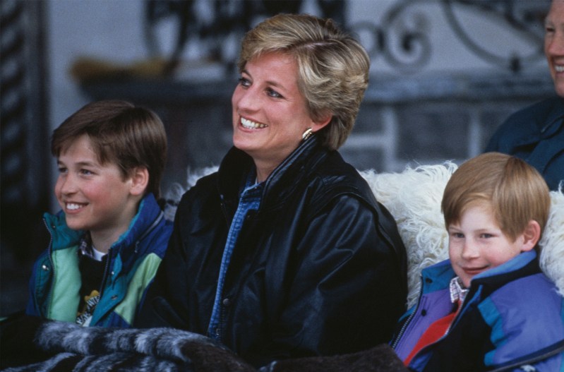 Princess Diana sitting between her young sons, William on her right, Harry on her left.