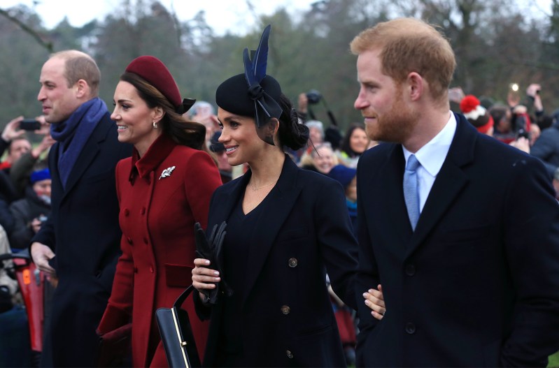 From left to right, Prince William, Kate Middleton, Meghan Markle, Prince Harry walking to church at Christmas in Sandringham