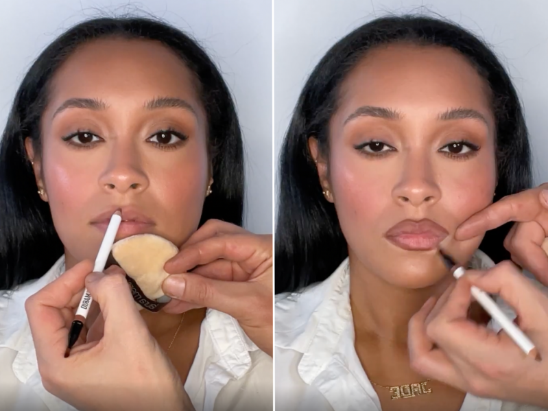 A woman getting her makeup done and doing the lip lift lip liner hack